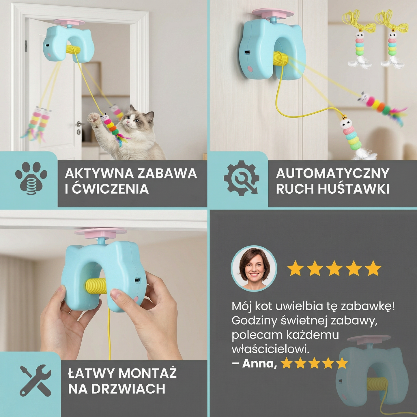 Interaktywna zabawka dla kota z piórkiem i automatyczną huśtawką – elektryczna zabawka do zawieszenia na drzwiach dla kotów