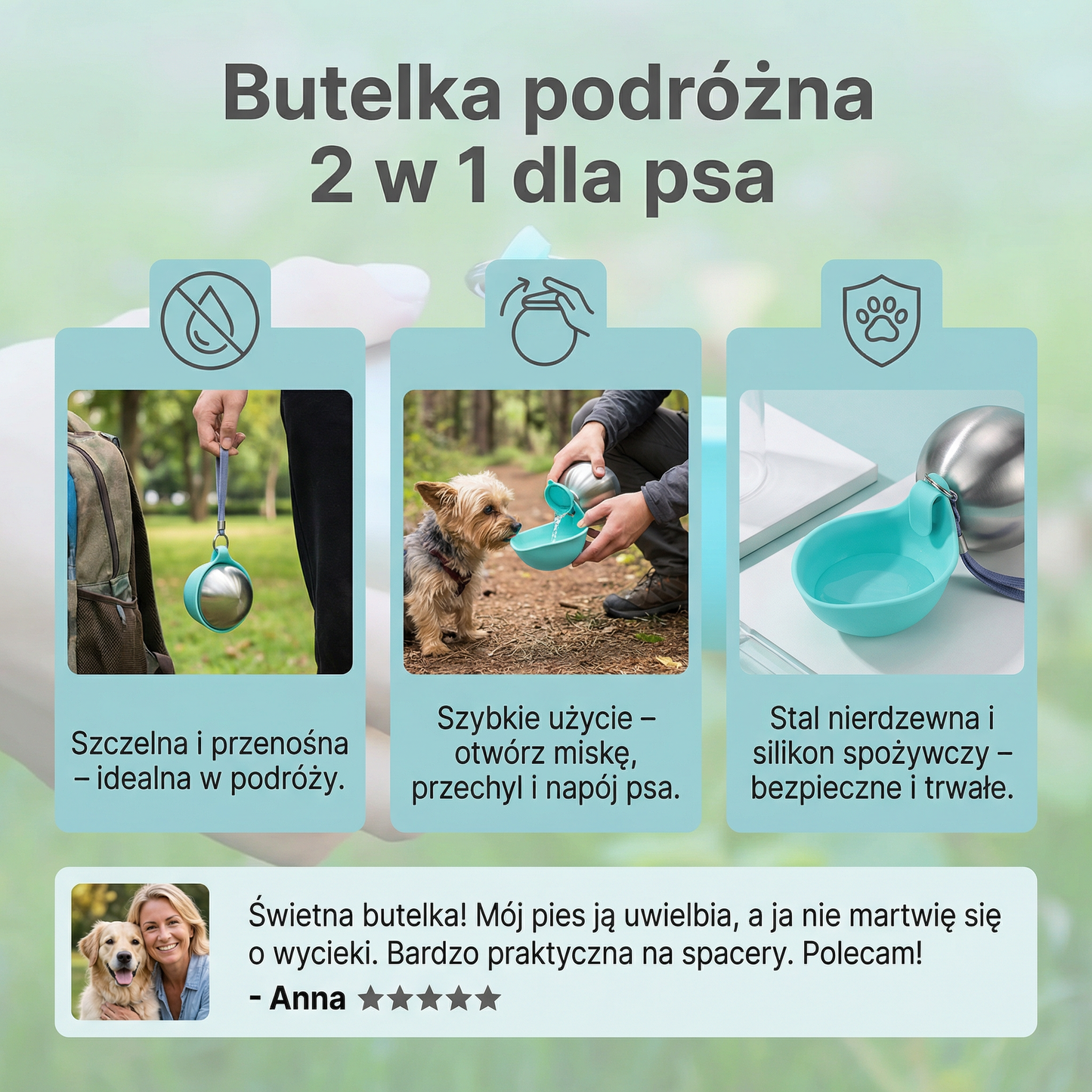 Butelka podróżna 2 w 1 dla psa – szczelna butelka ze stali nierdzewnej z silikonową miską