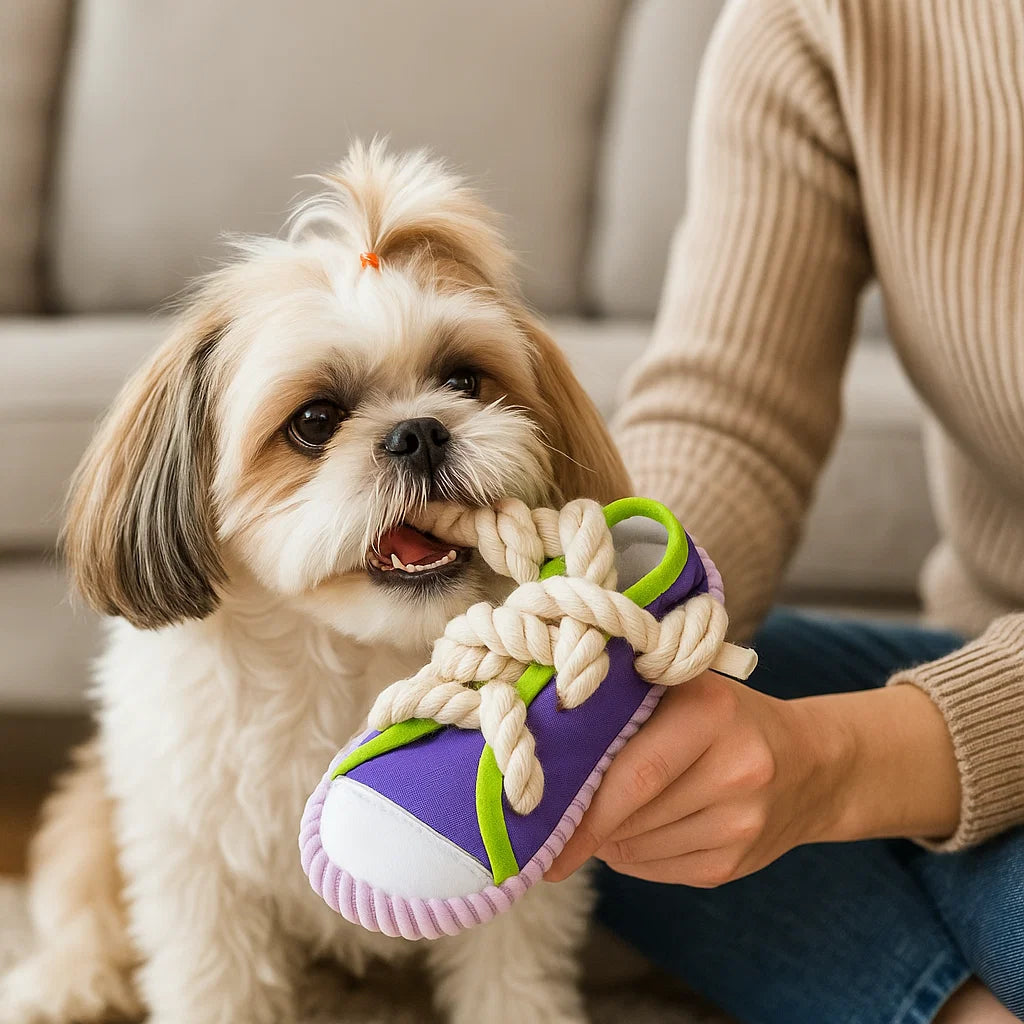 Gwizdające kapcie ze sznurem – zabawa i zęby