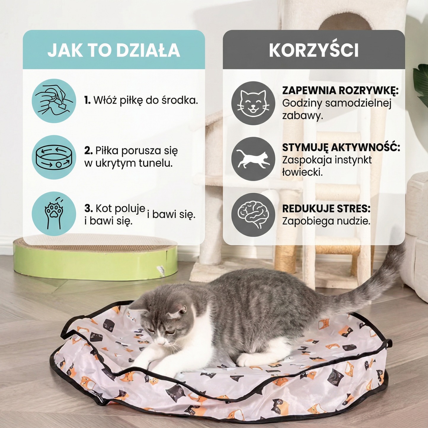 Interaktywna zabawka – kryjówka z piłką dla kota
