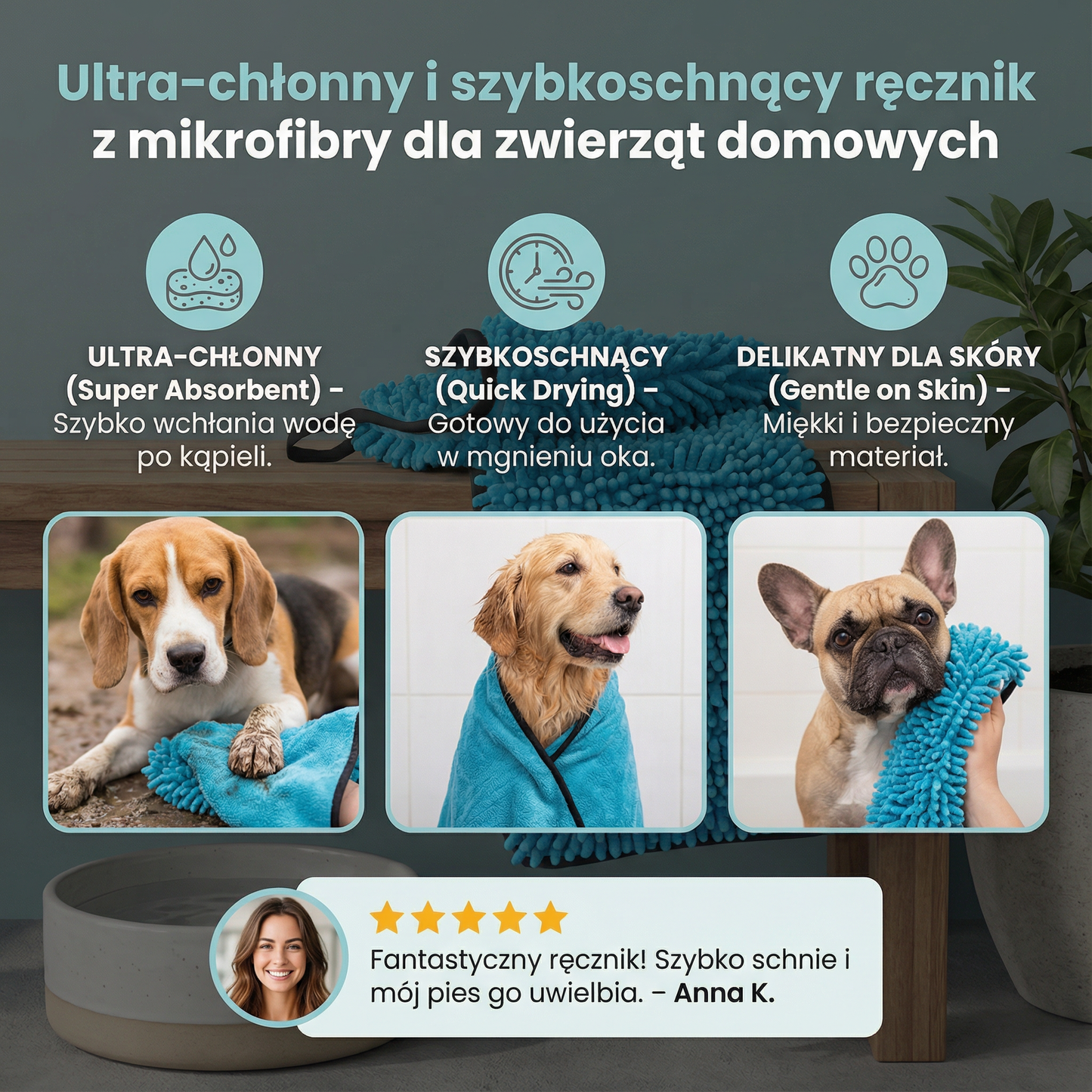 Ultra-chłonny i szybkoschnący ręcznik z mikrofibry dla zwierząt domowych