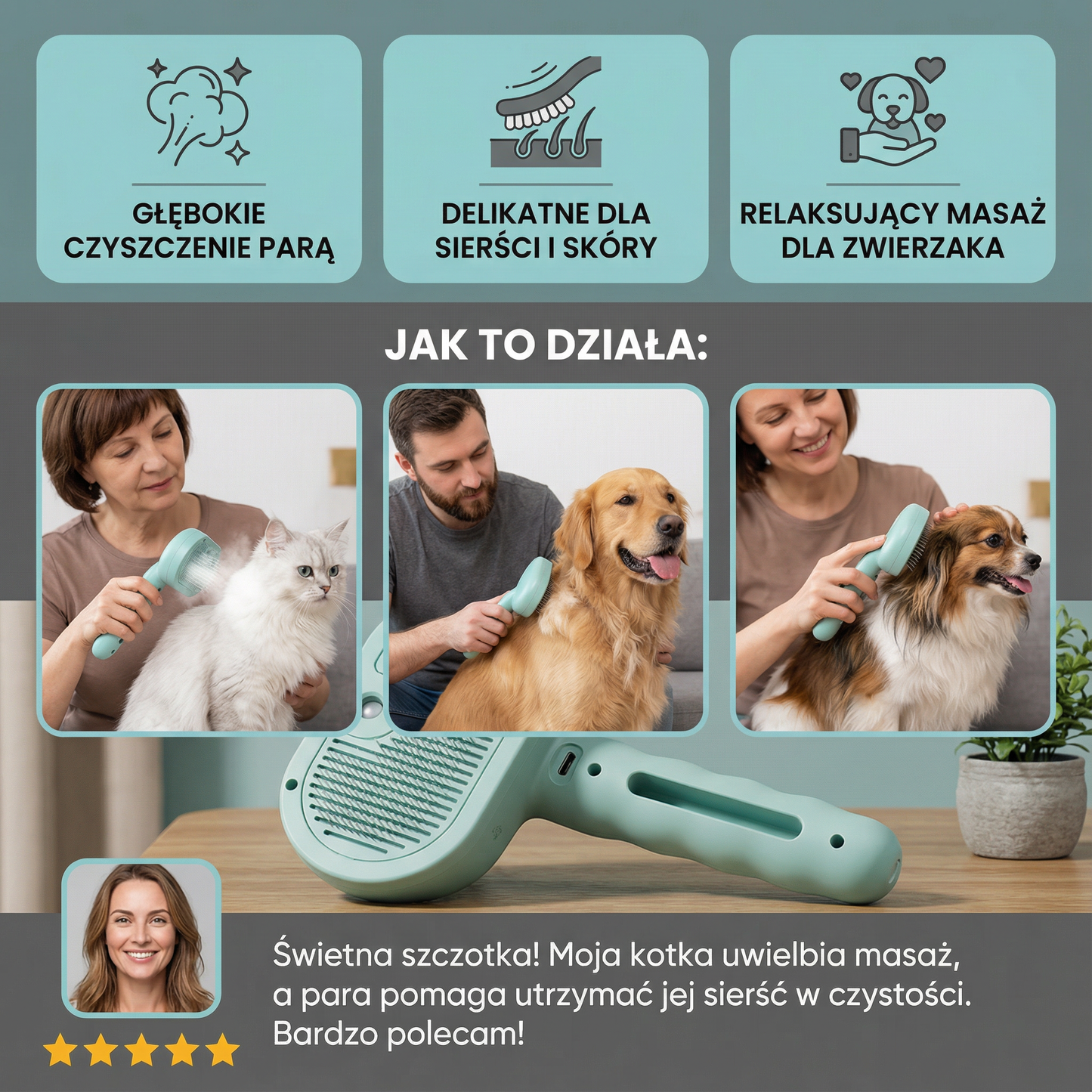 Premium Szczotka dla Zwierząt z Funkcją Parową