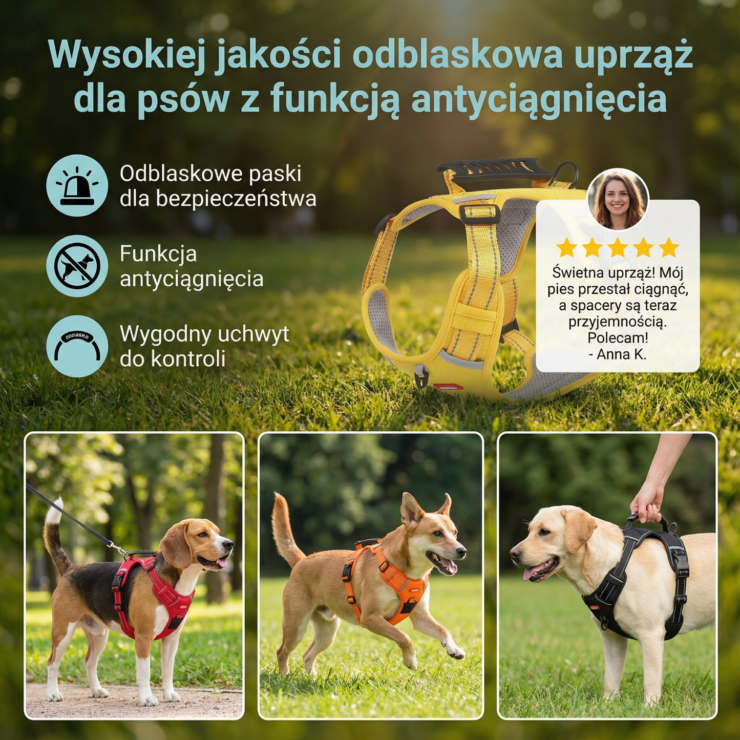 Wysokiej jakości odblaskowa uprząż dla psów z funkcją antyciągnięcia