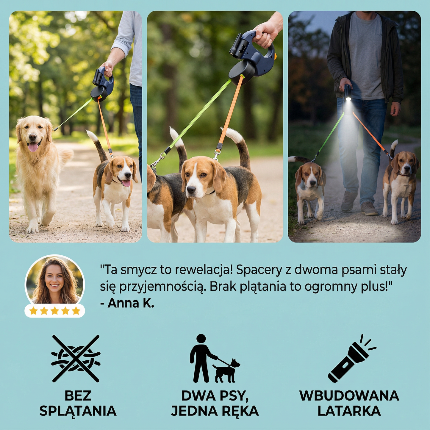 Praktyczna podwójna smycz dla psa zapobiegająca splątywaniu