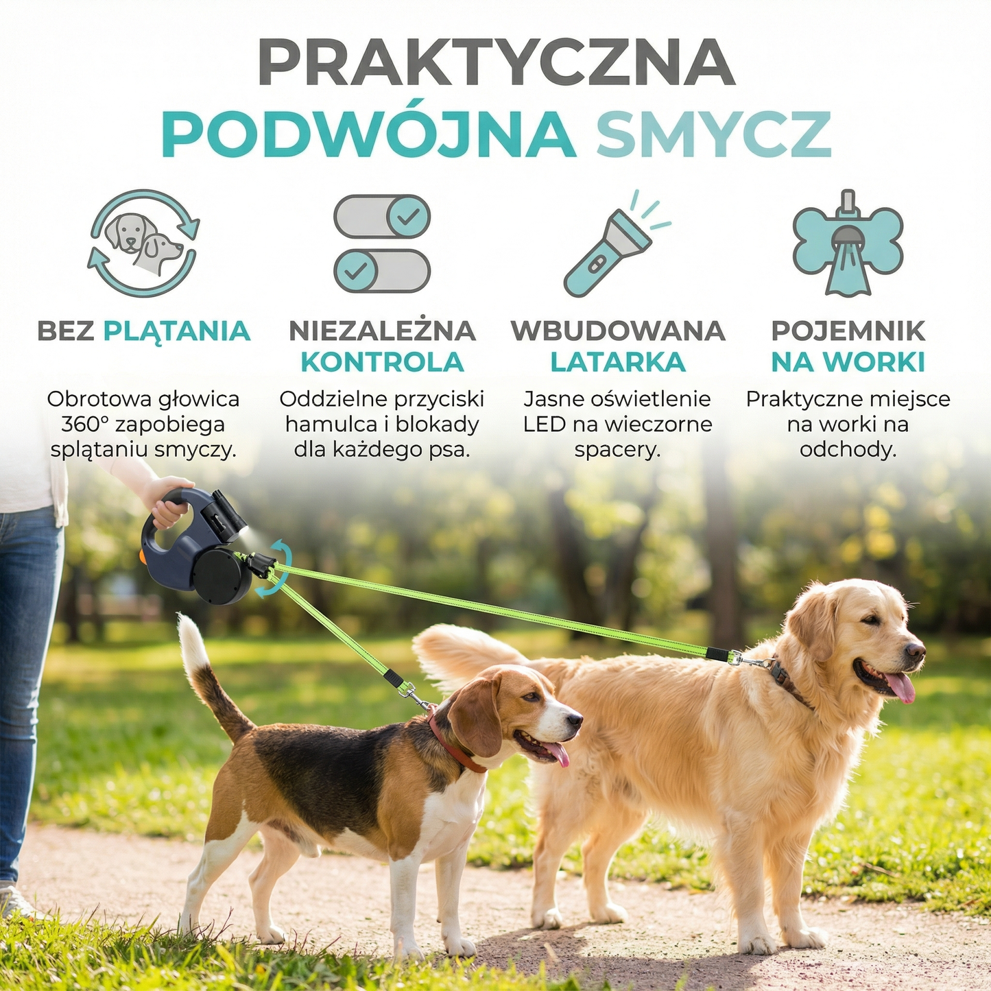 Praktyczna podwójna smycz dla psa zapobiegająca splątywaniu