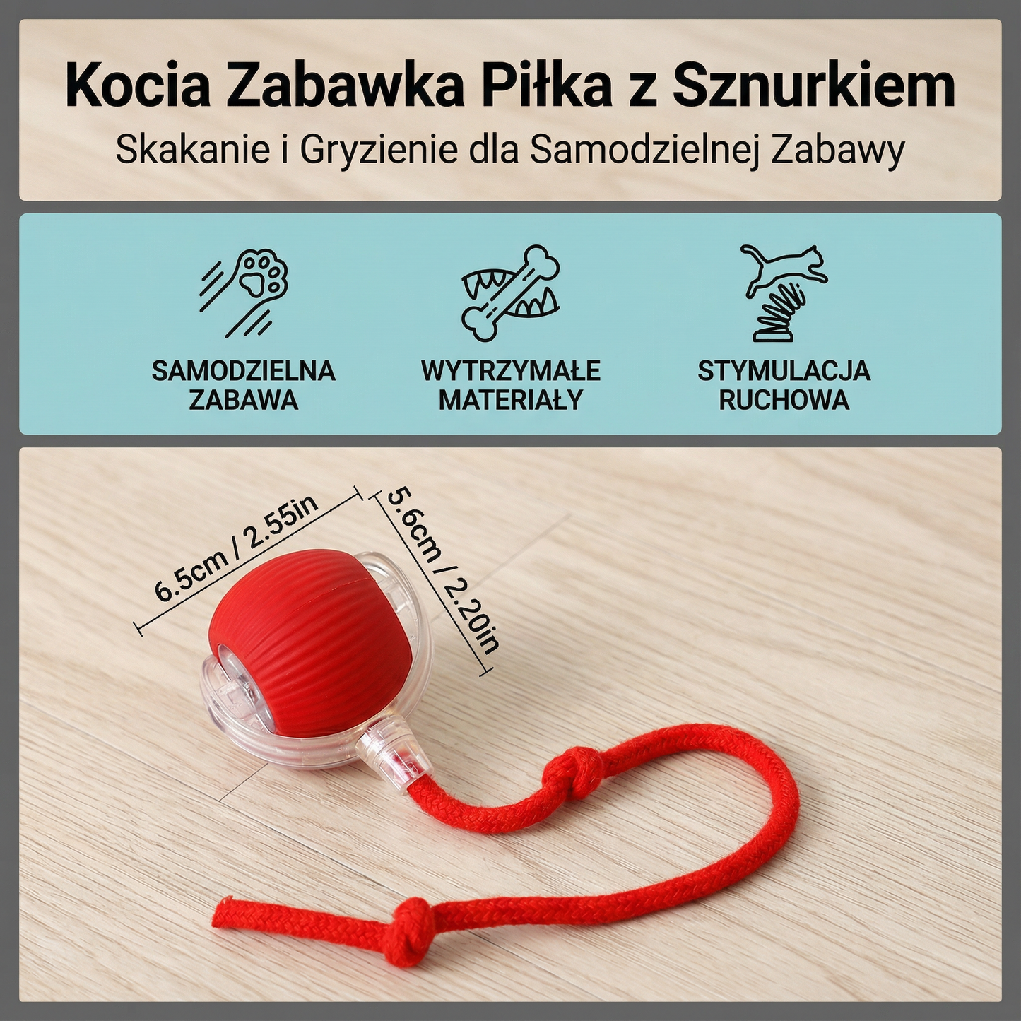 Kocia Zabawka Piłka z Sznurkiem ⎜ Skakanie i Gryzienie dla Samodzielnej Zabawy