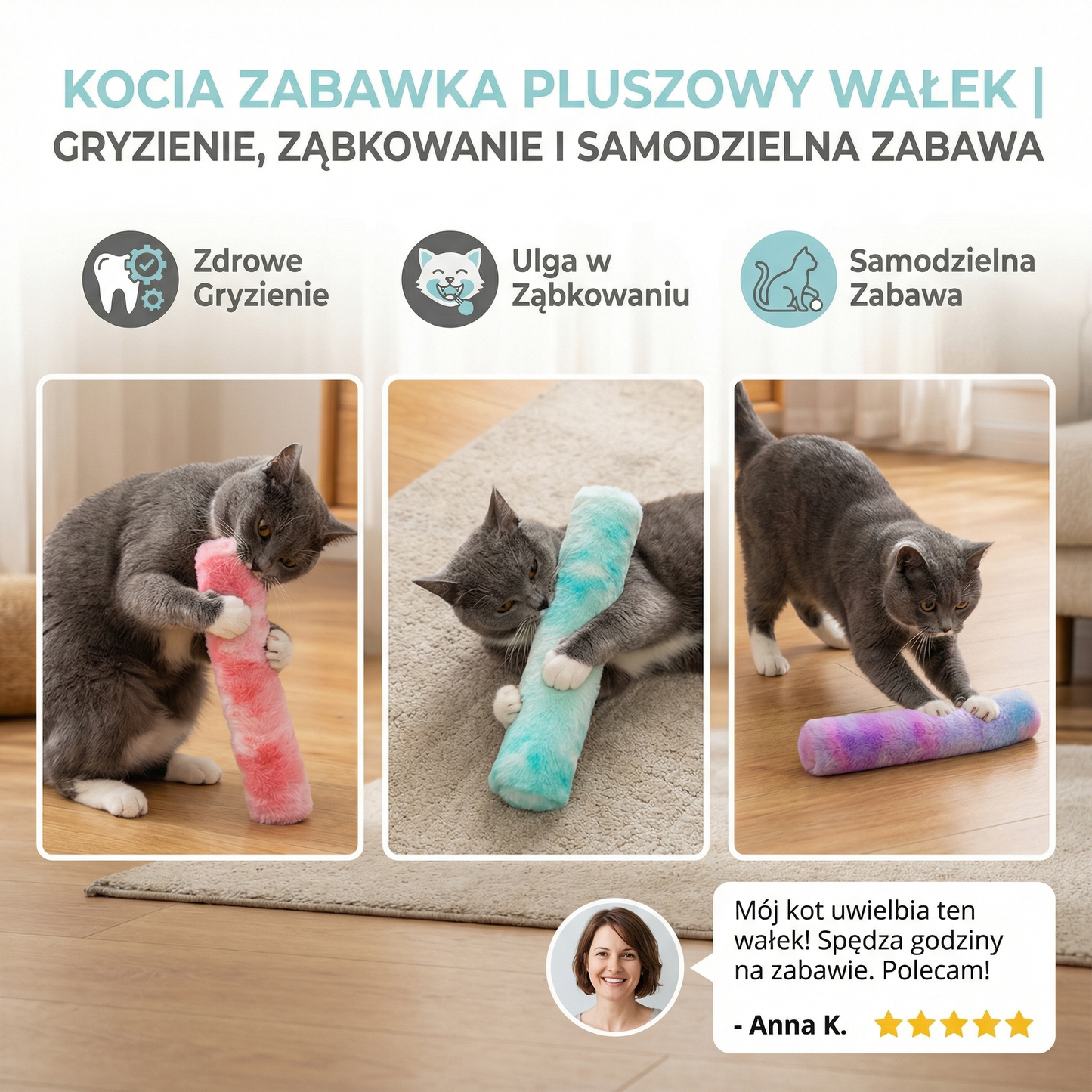 Kocia Zabawka Pluszowy Wałek ⎜ Gryzienie, Ząbkowanie i Samodzielna Zabawa