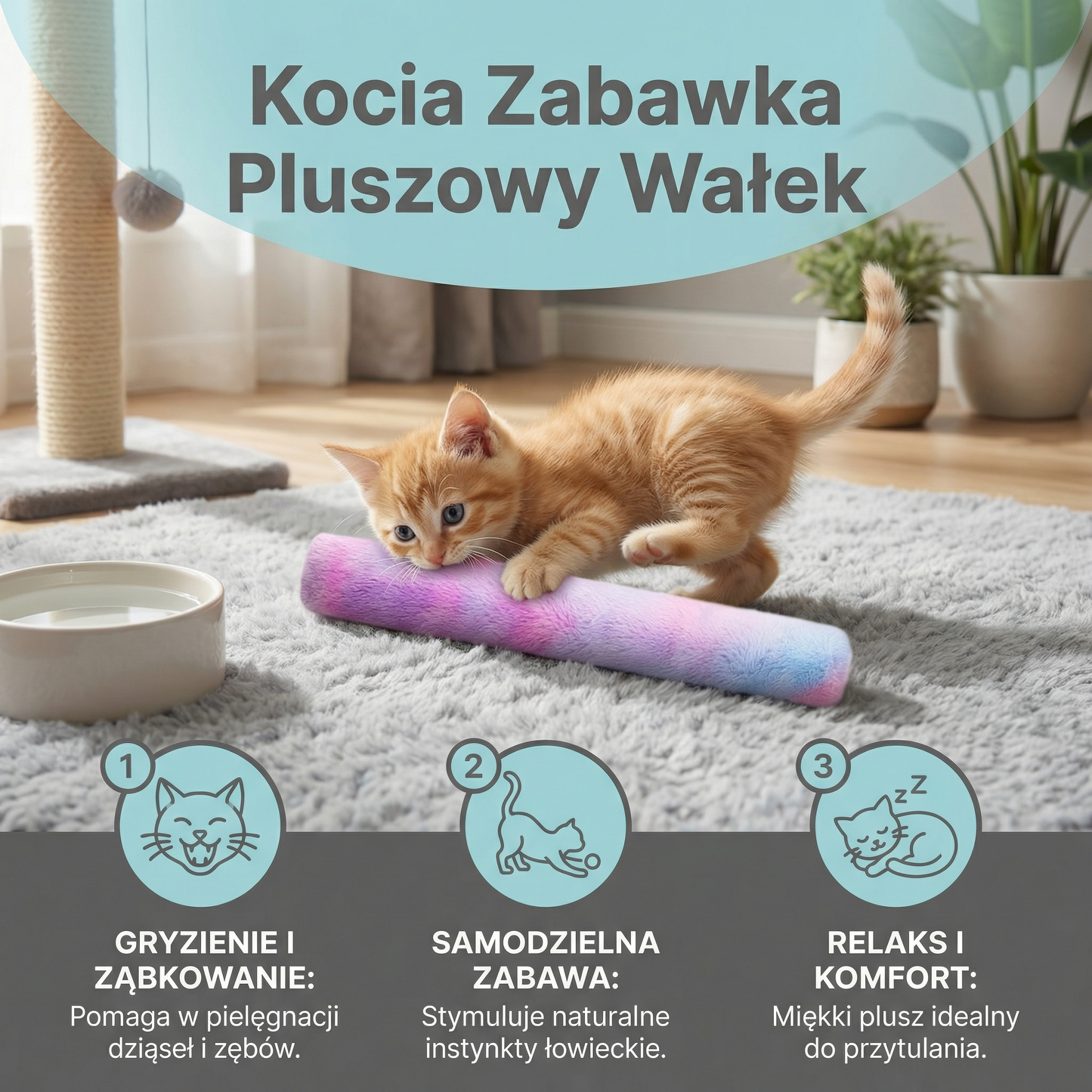 Kocia Zabawka Pluszowy Wałek ⎜ Gryzienie, Ząbkowanie i Samodzielna Zabawa