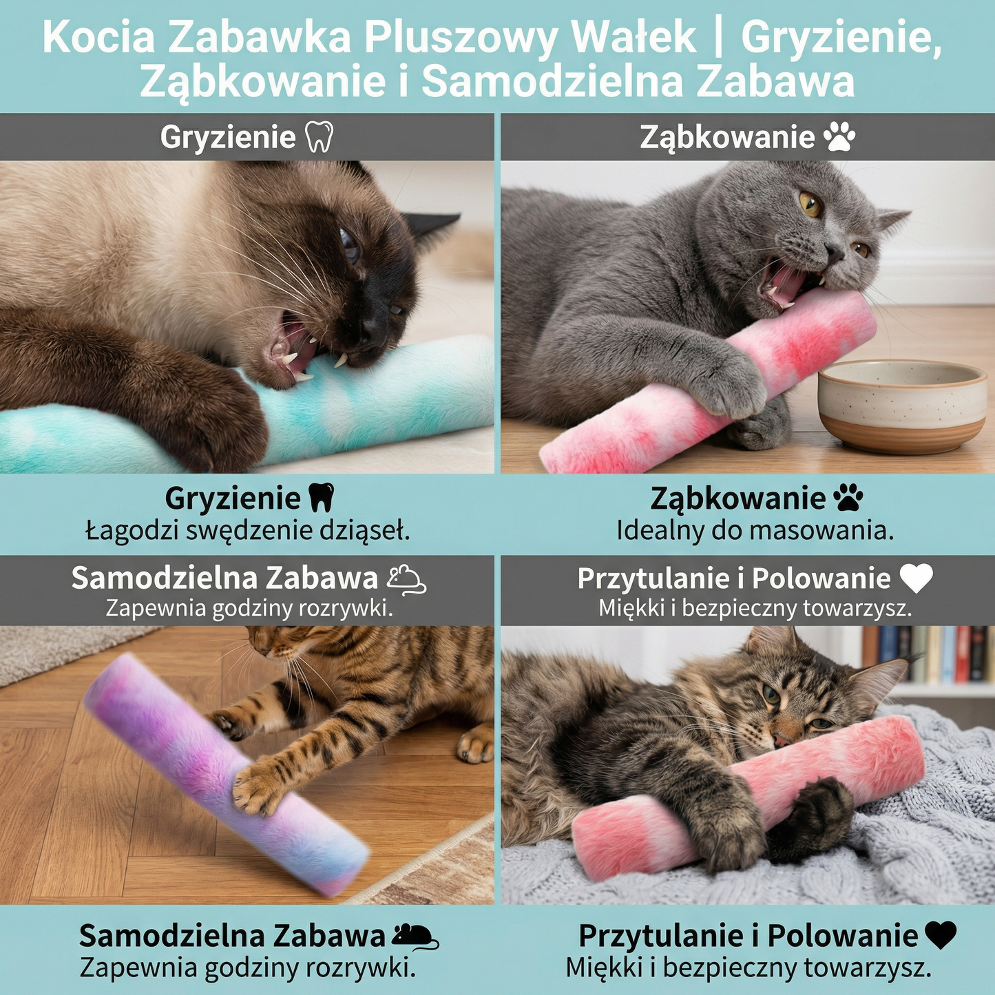 Kocia Zabawka Pluszowy Wałek ⎜ Gryzienie, Ząbkowanie i Samodzielna Zabawa