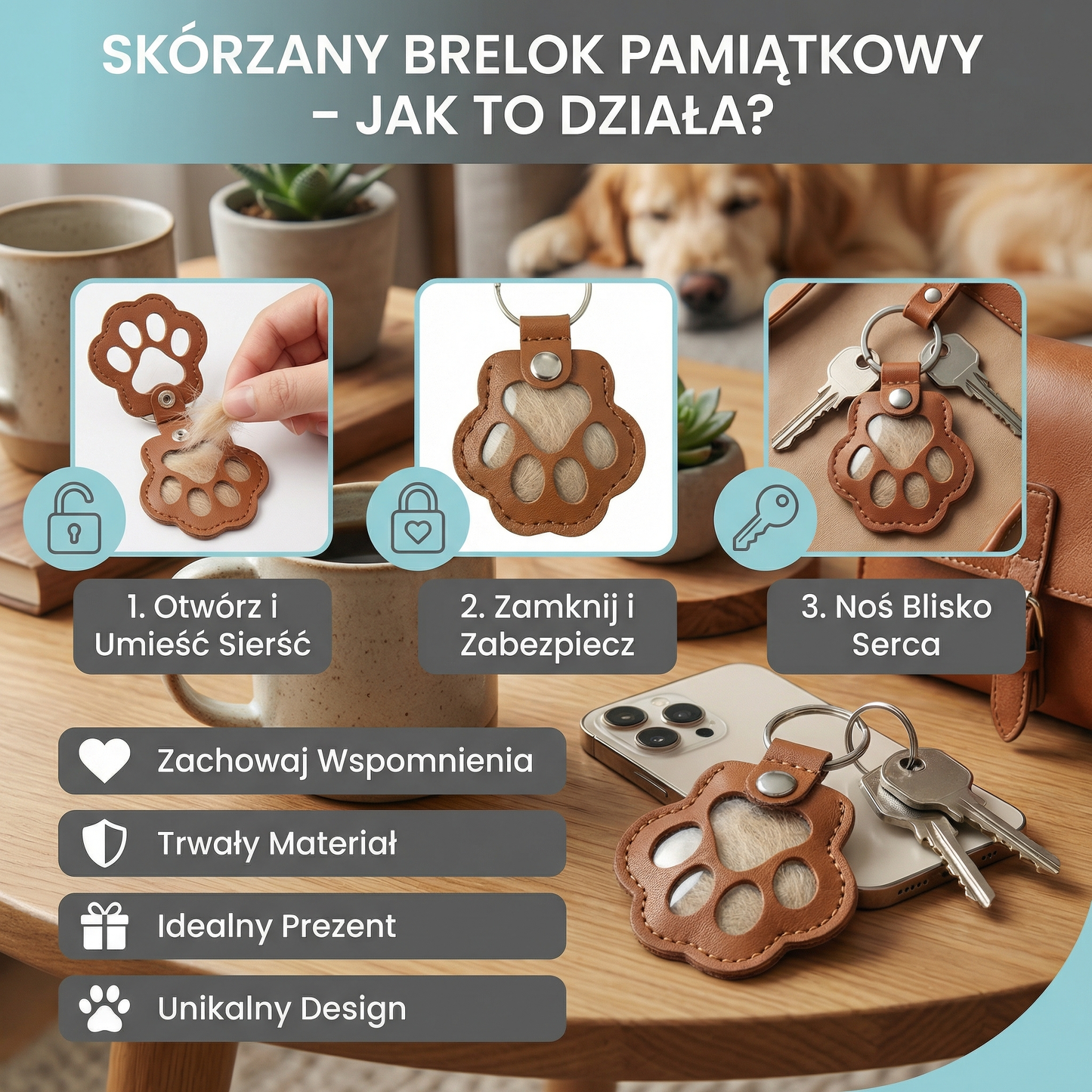 Skórzany brelok pamiątkowy do przechowywania sierści zwierząt