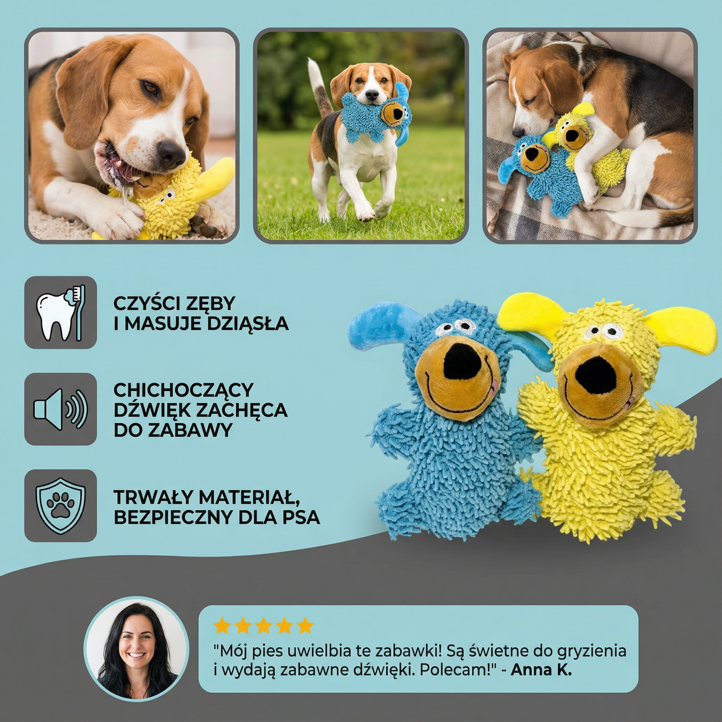 Chichocząca zabawka do czyszczenia zębów w psich kolorach