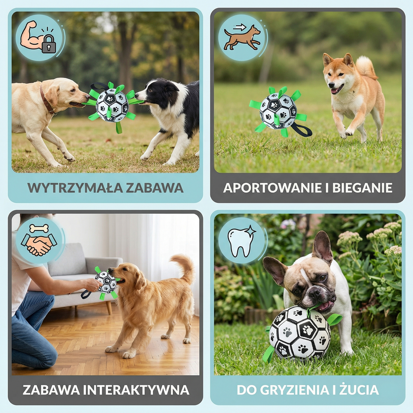 Wytrzymała piłka dla psa z uchwytami do ciągnięcia