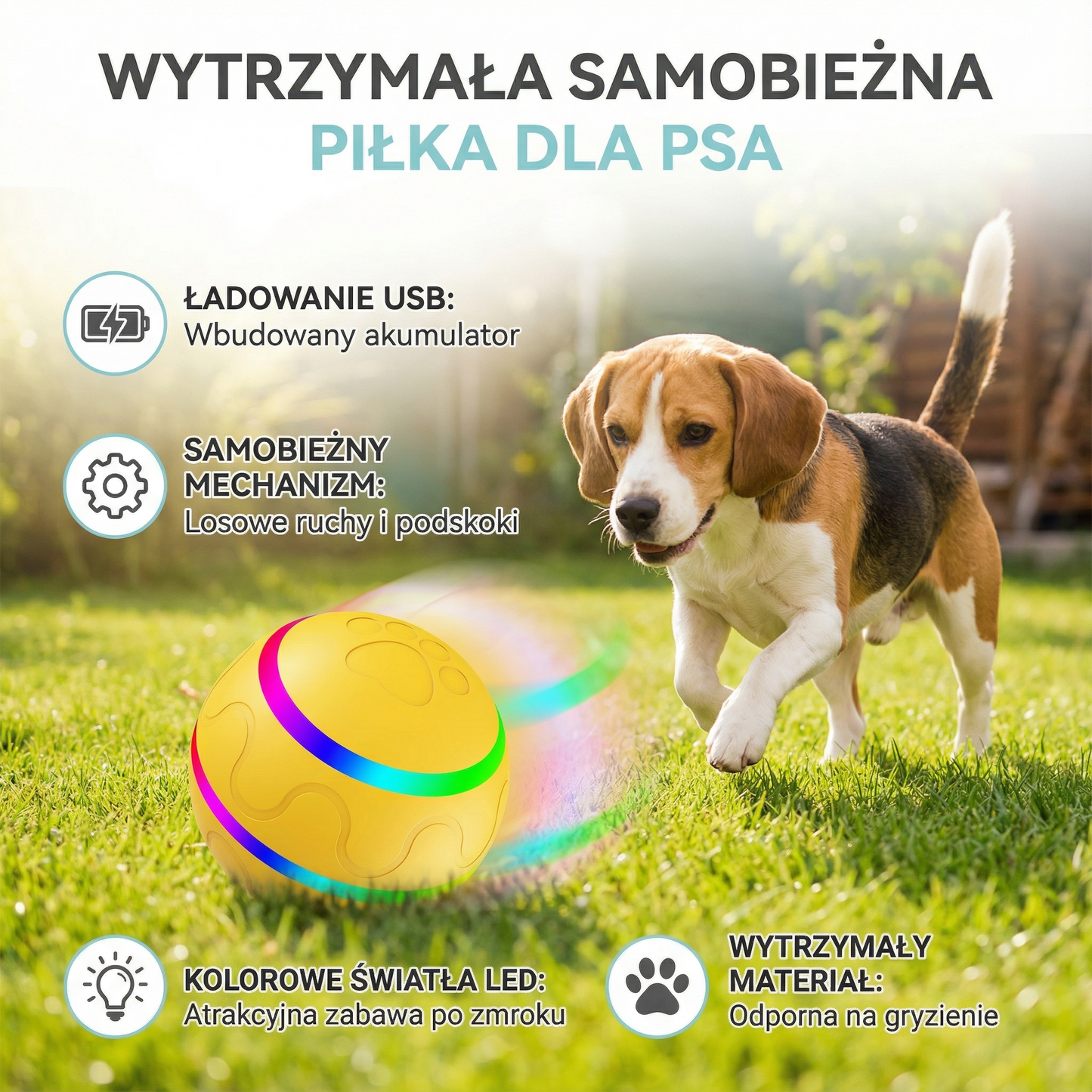 Wytrzymała i długotrwała samobieżna piłka dla psa