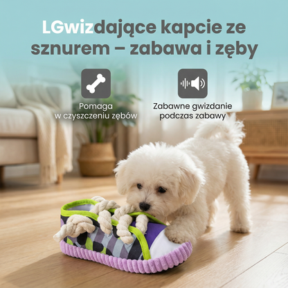 Gwizdające kapcie ze sznurem – zabawa i zęby