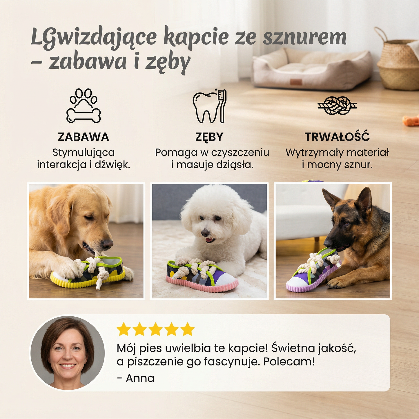 Gwizdające kapcie ze sznurem – zabawa i zęby