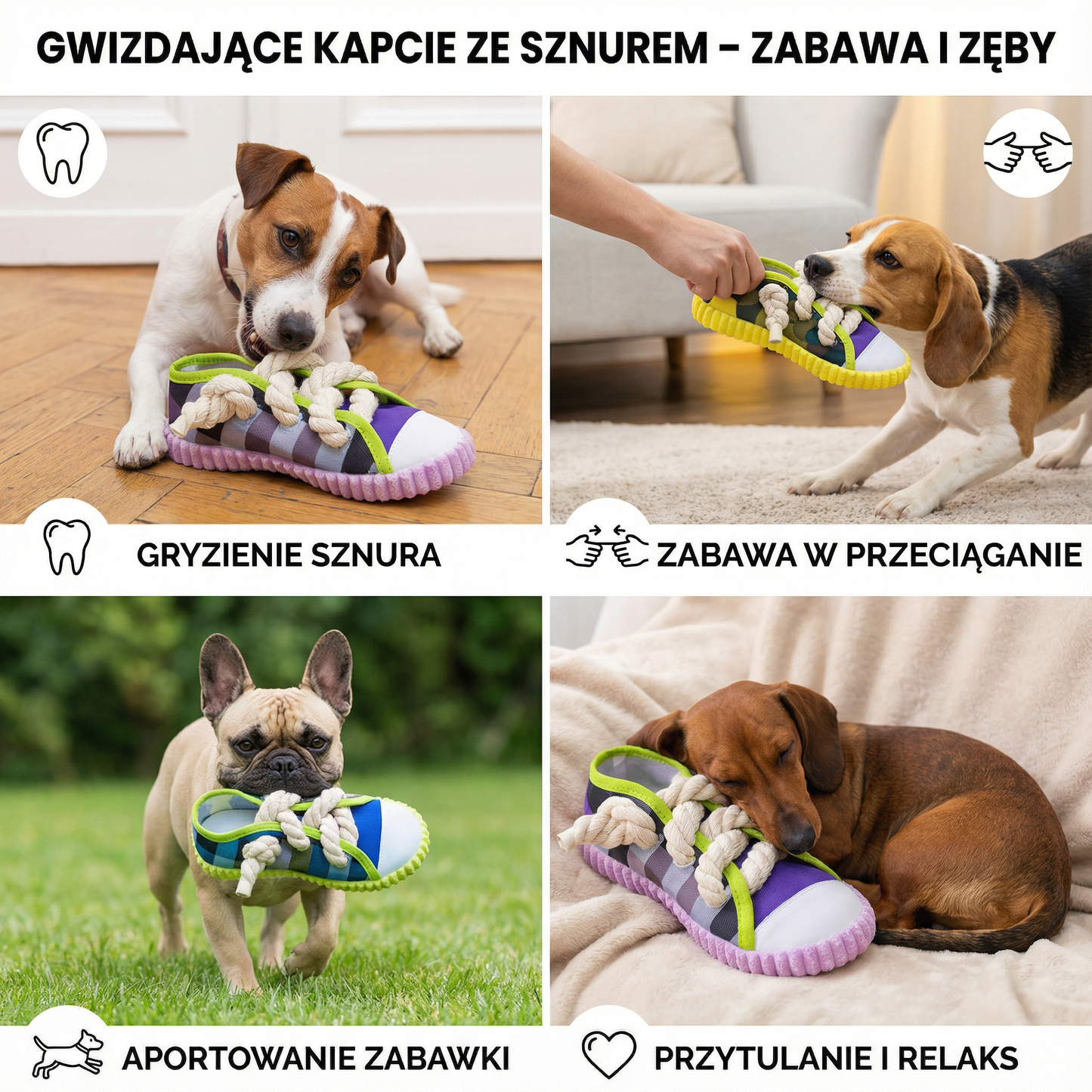 Gwizdające kapcie ze sznurem – zabawa i zęby