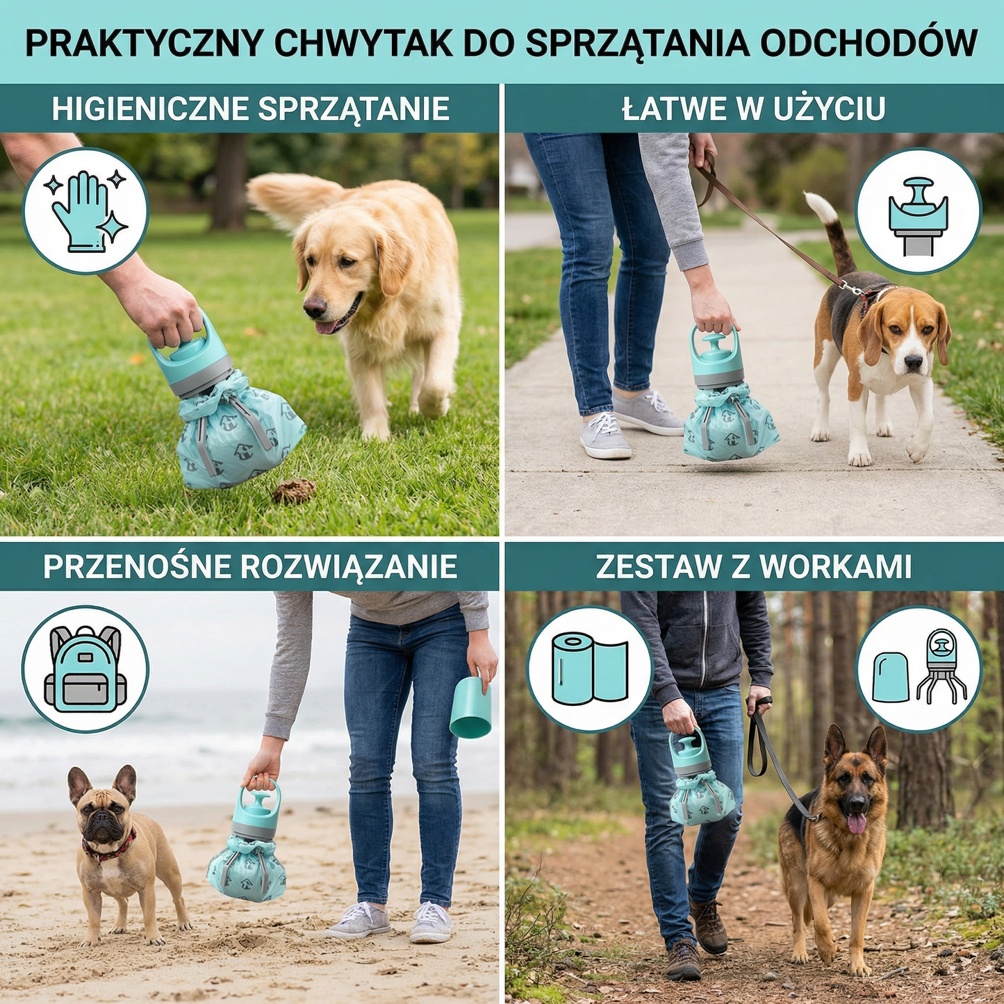 Praktyczny chwytak do sprzątania odchodów z woreczkami – przenośny zestaw outdoorowy
