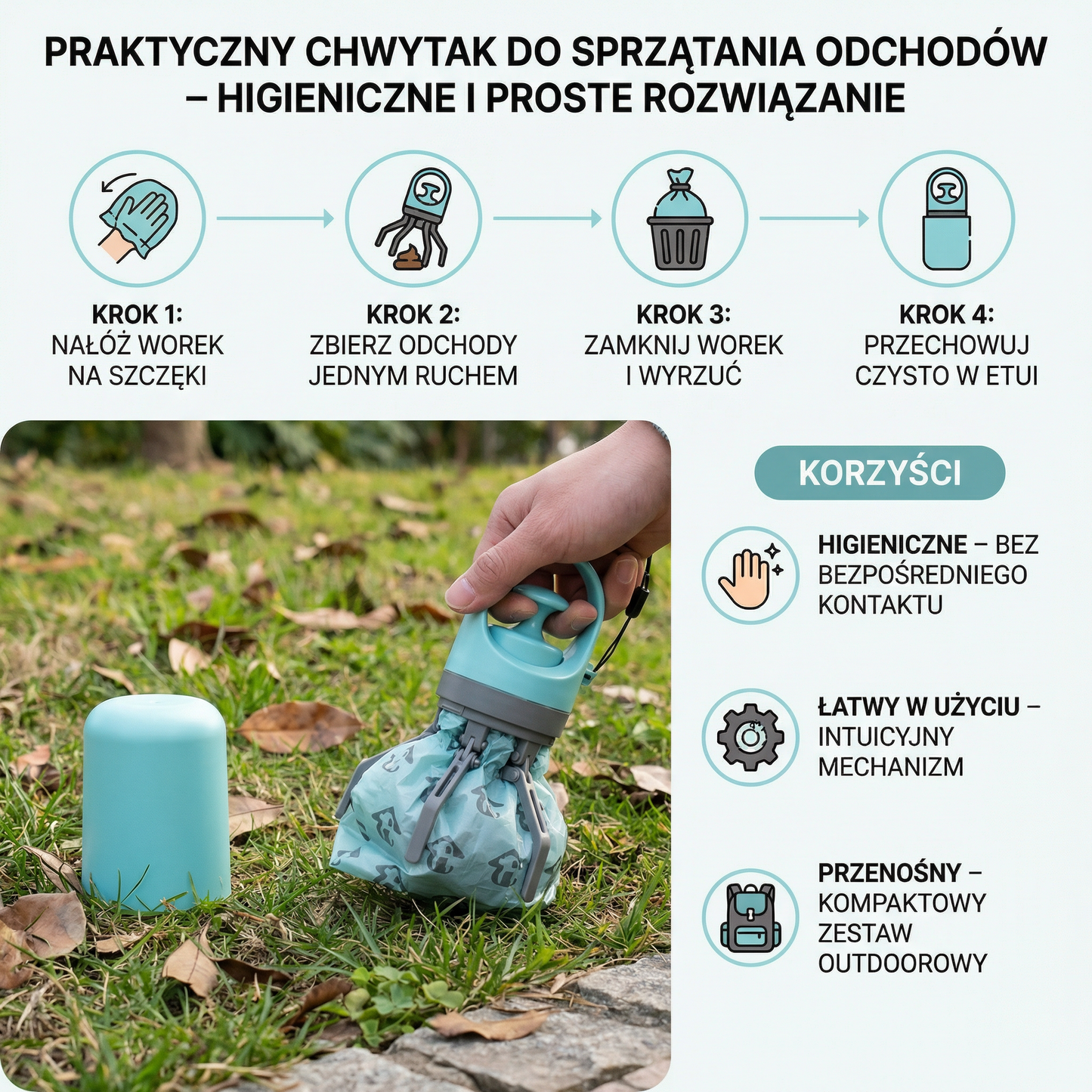 Praktyczny chwytak do sprzątania odchodów z woreczkami – przenośny zestaw outdoorowy