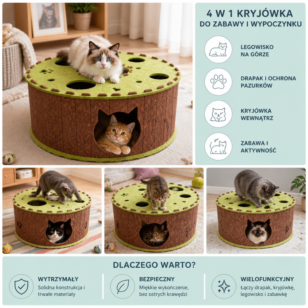 Składany Domek Z Tunelem Dla Kota 4 W 1 – Interaktywna Kryjówka, Drapak I Legowisko Do Zabawy