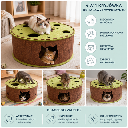 Składany Domek Z Tunelem Dla Kota 4 W 1 – Interaktywna Kryjówka, Drapak I Legowisko Do Zabawy