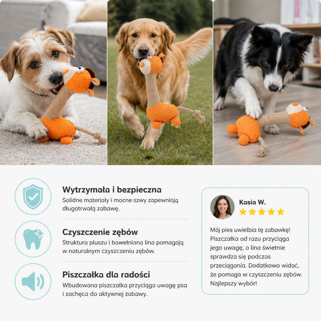 Wytrzymała Pluszowa Zabawka Dla Psa Z Bawełnianą Liną, Piszczałką I Funkcją Czyszczenia Zębów